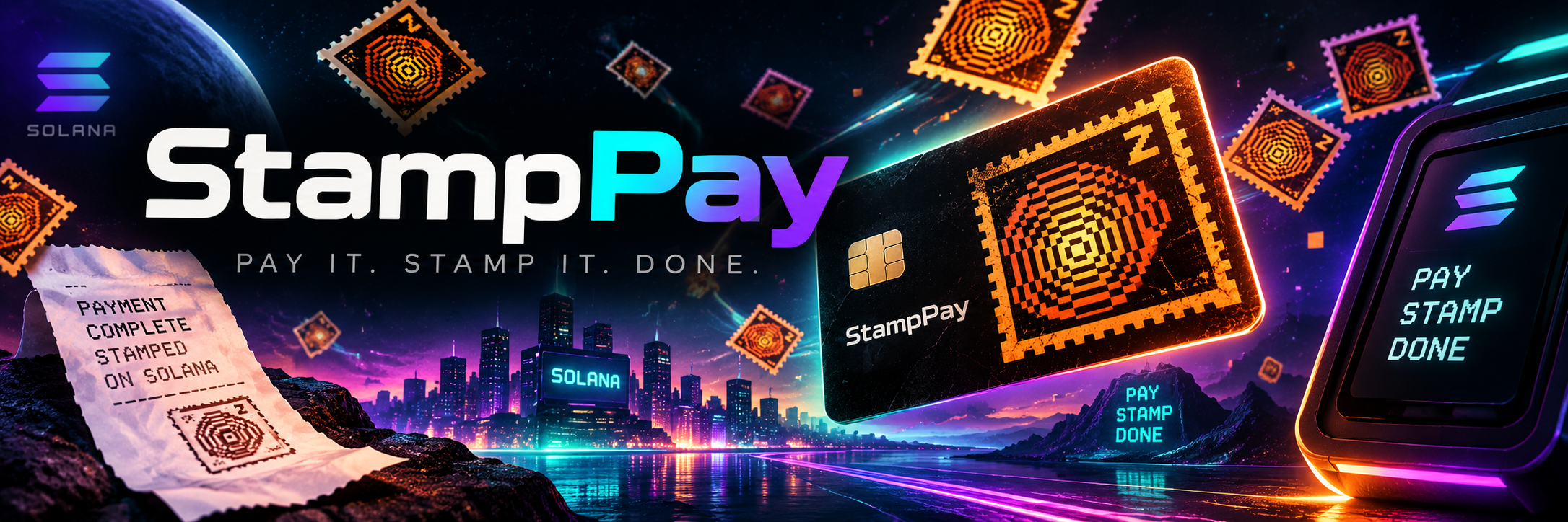 StampPay promotional artwork with payment card, receipt, and PAY STAMP DONE terminal