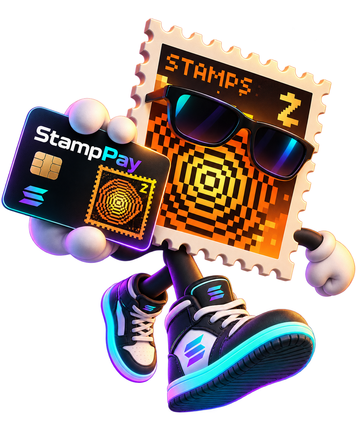 StampPay mascot: a pixel postage-stamp character presenting the StampPay payment card